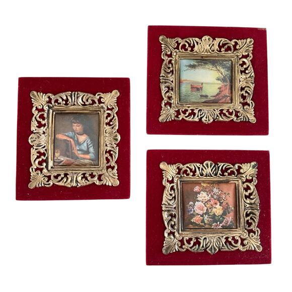 Vintage Velvet Artwork Set/3 red romantic impressionist painting unique 70s bold